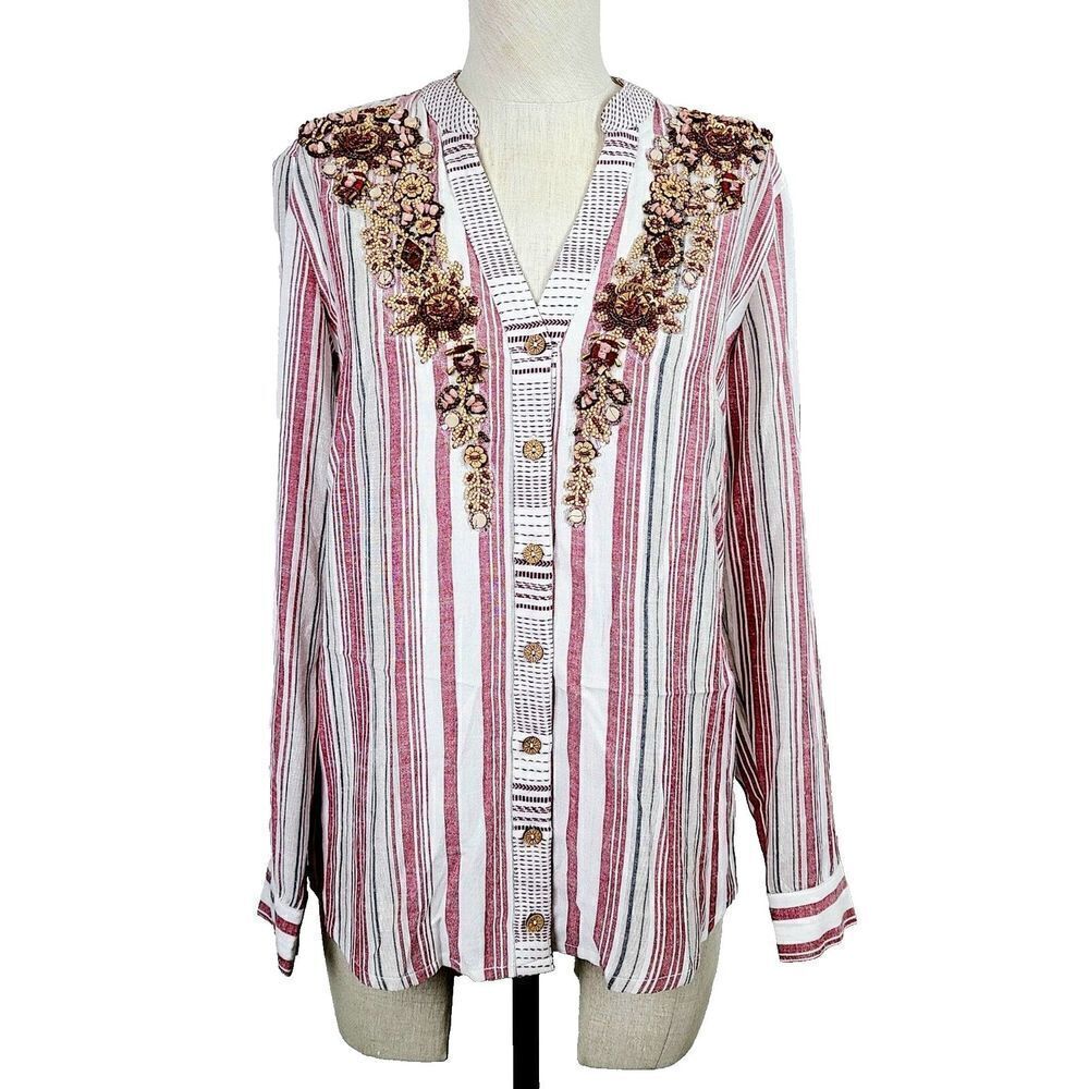 NEW Soft Surroundings Top XS Red Beige Striped Beaded Button-Front Boho Blouse‎